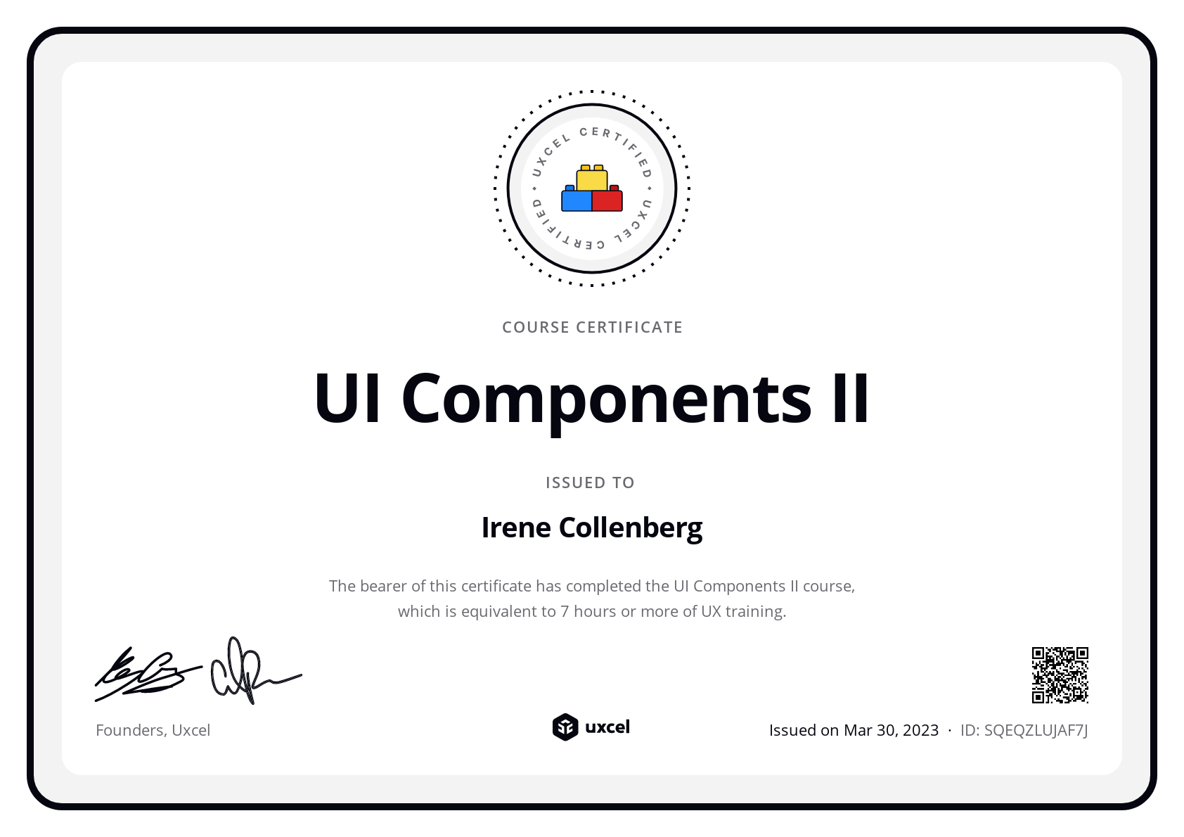 Irene Collenberg's certificate